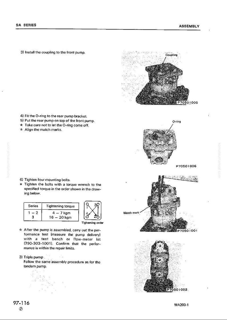 Puede incluir: Instrucciones de montaje para una bomba de la serie SA, con diagramas de componentes como el acoplamiento, la junta t&oacute;rica y los pernos de montaje. Incluye especificaciones de par de apriete en kgm y un diagrama de orden de apriete.