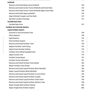 May include: A white page with a detailed table of contents from a manual, listing various procedures and components related to agricultural machinery, including drillshafts, fertilizer systems, and openers. The page number is 10.