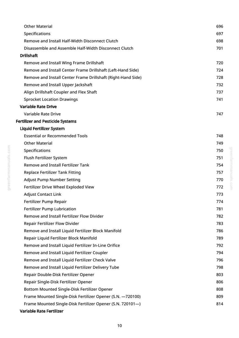 May include: A white page with a detailed table of contents from a manual, listing various procedures and components related to agricultural machinery, including drillshafts, fertilizer systems, and openers. The page number is 10.