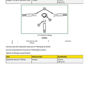 May include: Diagram of hydraulic hose fittings, including a T-fitting and various hoses. The image includes specifications for torque, with a measurement of 24 N-m (18 lb.-ft.).