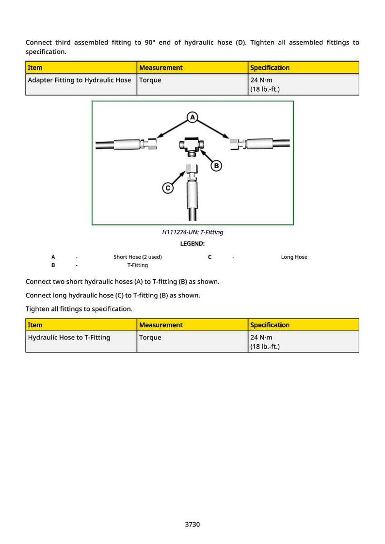 May include: Diagram of hydraulic hose fittings, including a T-fitting and various hoses. The image includes specifications for torque, with a measurement of 24 N-m (18 lb.-ft.).