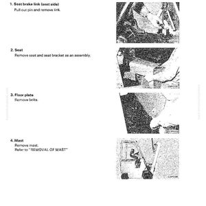May include: A page from a manual detailing the general disassembly and assembly of a power train. The image includes diagrams and instructions for removing parts such as the seat brake link, seat, floor plate, and mast. Text includes "FB series FB10-25SH".