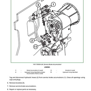 May include: An engineering diagram of a service brake accumulator, with callouts for components like brake accumulators, hydraulic hoses, and brackets. The diagram includes a legend and numbered instructions for maintenance procedures.