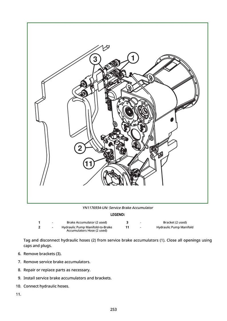 May include: An engineering diagram of a service brake accumulator, with callouts for components like brake accumulators, hydraulic hoses, and brackets. The diagram includes a legend and numbered instructions for maintenance procedures.