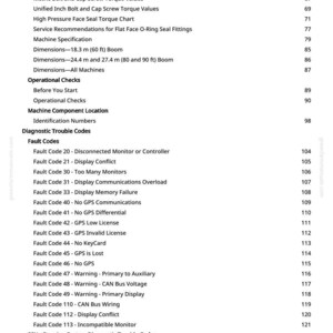 May include: A white page from a manual with a table of contents. The document lists machine specifications, operational checks, and diagnostic trouble codes. The text includes measurements in feet and inches.