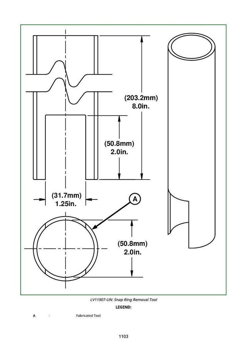 May include: Technical drawing of a snap ring removal tool, with dimensions in inches and millimeters. The tool is depicted from multiple angles, including a side view and a top-down view, with measurements such as 8.0in (203.2mm).
