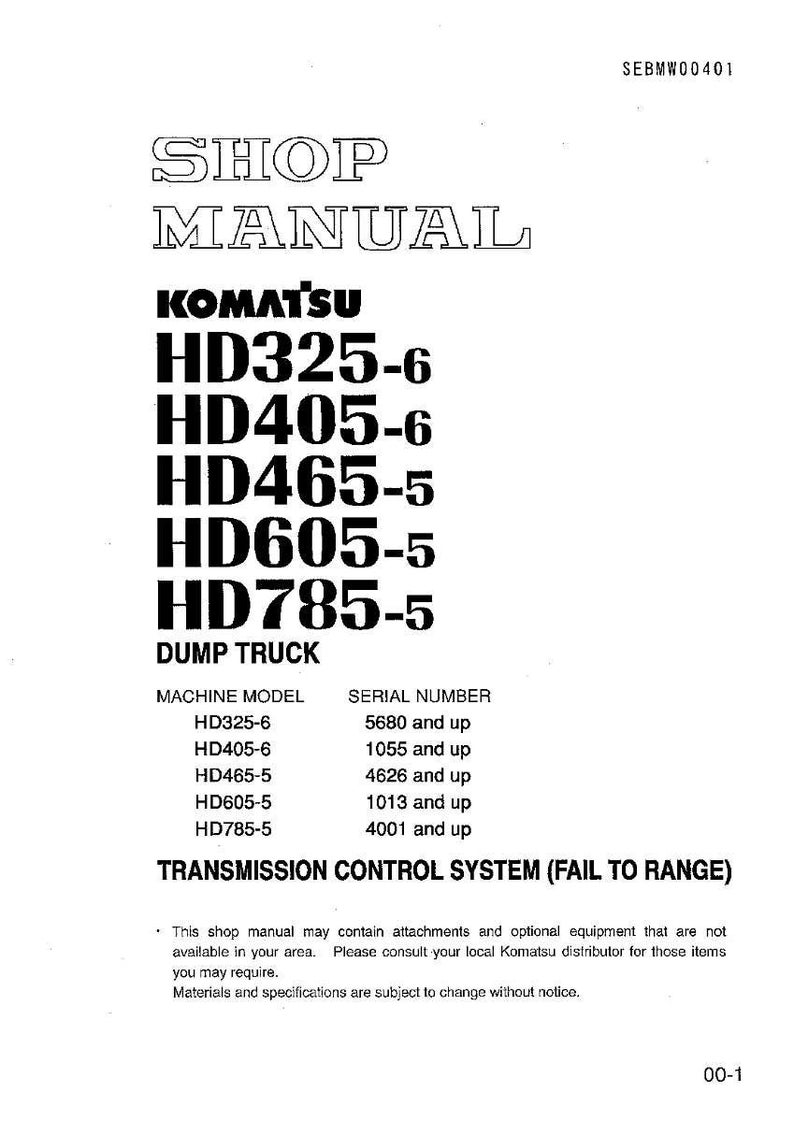 May include: A shop manual for Komatsu dump trucks, featuring model numbers HD325-6, HD405-6, HD465-5, HD605-5, and HD785-5. The manual includes information on the transmission control system.