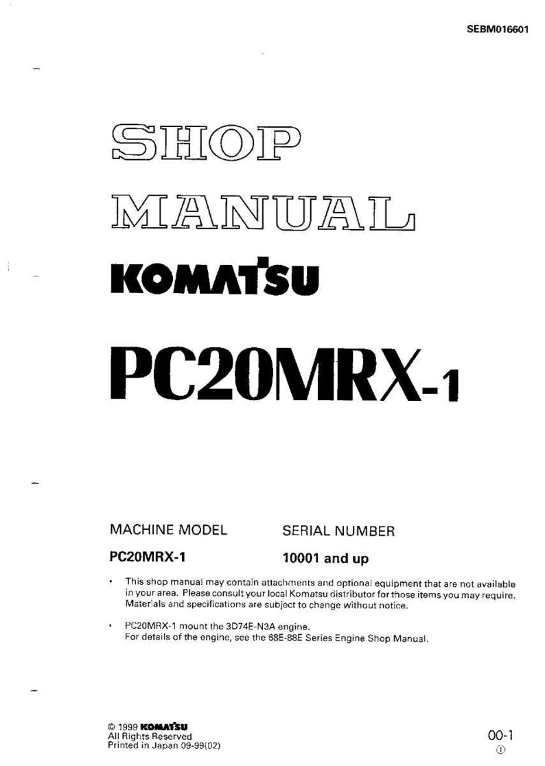 May include: A white shop manual with the text "SHOP MANUAL" and "KOMATSU PC20MRX-1" in bold, black lettering. The manual includes the machine model PC20MRX-1 and serial number 10001 and up.