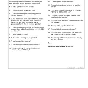 May include: A white paper titled "Predelivery Inspection" with a list of checks and adjustments for a machine. The text includes questions about oil levels, decals, and safety checks. The document is for a mower-conditioner.