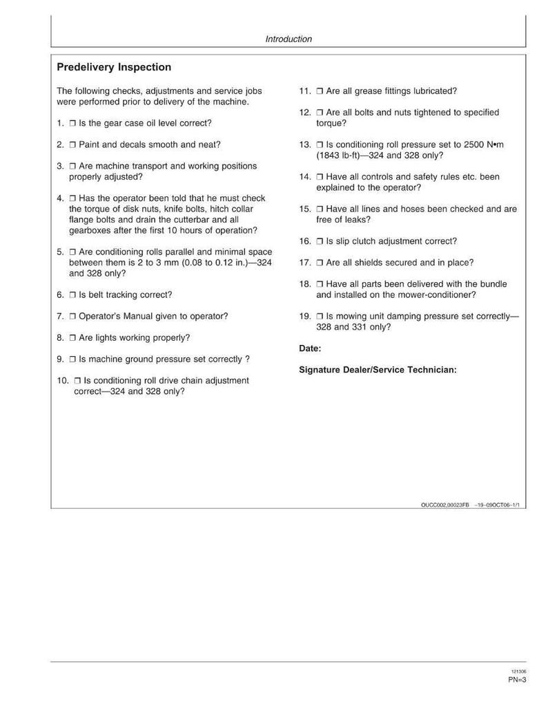 May include: A white paper titled "Predelivery Inspection" with a list of checks and adjustments for a machine. The text includes questions about oil levels, decals, and safety checks. The document is for a mower-conditioner.