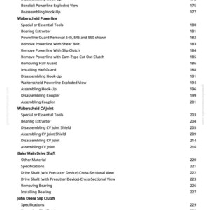 May include: A white page with a list of mechanical parts and procedures, including "Bondioli Powerline," "Walterscheid Powerline," and "John Deere Slip Clutch." Page numbers are listed to the right of each item.