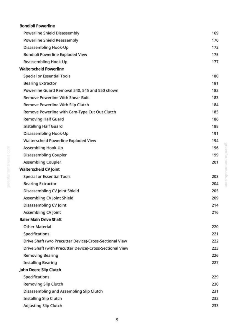 May include: A white page with a list of mechanical parts and procedures, including "Bondioli Powerline," "Walterscheid Powerline," and "John Deere Slip Clutch." Page numbers are listed to the right of each item.
