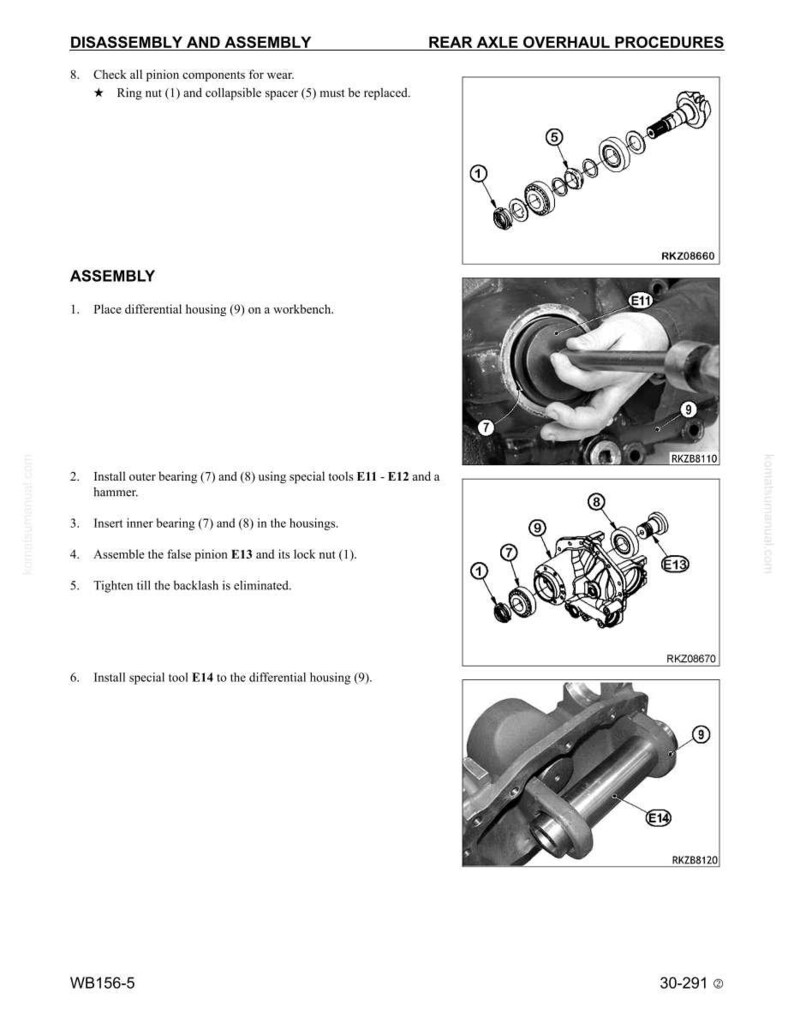 May include: A page from a repair manual detailing rear axle overhaul procedures. The manual includes diagrams of components like ring nuts, bearings, and differential housings. Text instructions guide the assembly process, with references to special tools.