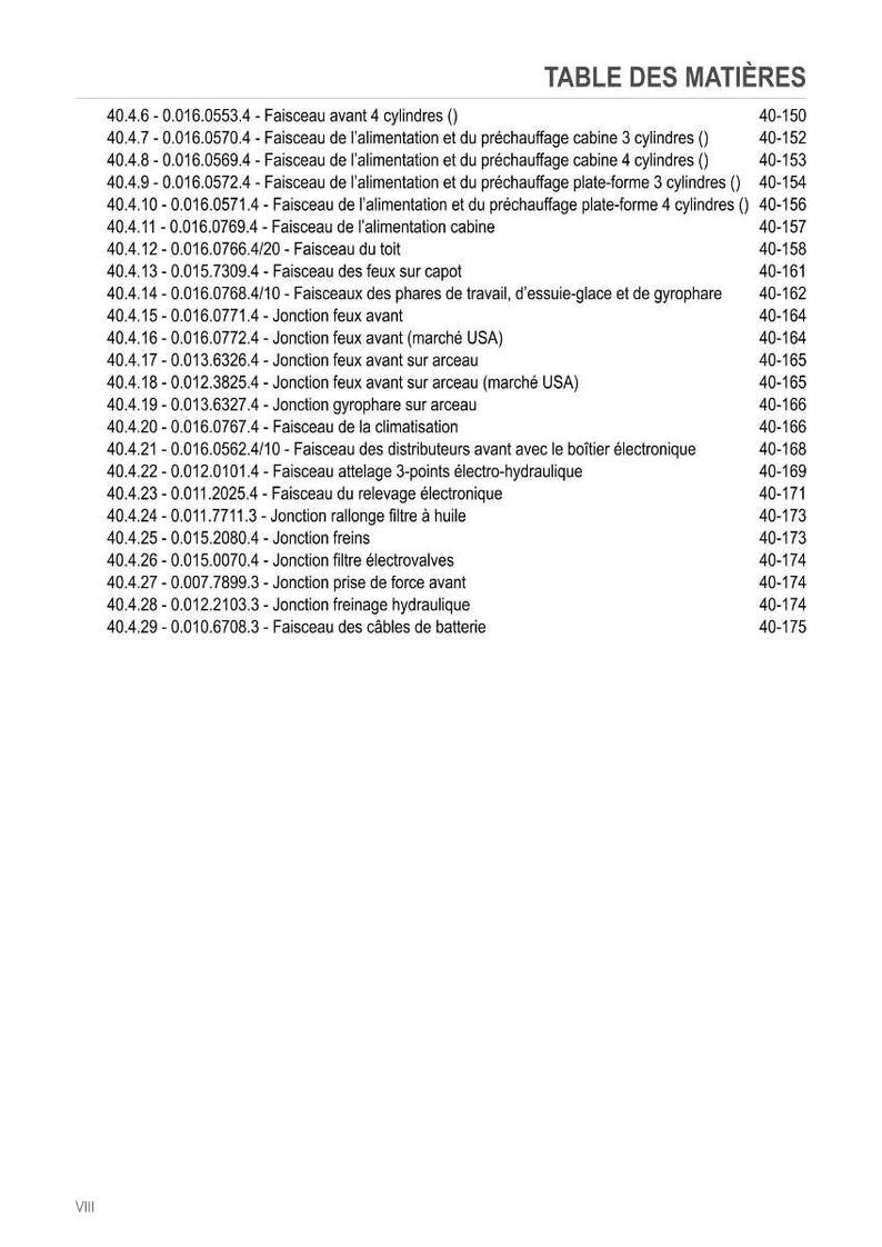 Puede incluir: Una p&aacute;gina de un manual titulada "TABLE DES MATI&Egrave;RES" (Tabla de Contenidos) en franc&eacute;s. El documento enumera varios componentes del sistema el&eacute;ctrico automotriz, incluidos mazos de cables y conectores, con los n&uacute;meros de p&aacute;gina correspondientes.