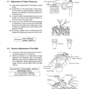 May include: Diagram of engine adjustment procedures, including valve clearance and fan belt tension. The image includes detailed illustrations with measurements in inches and pounds, and text instructions.