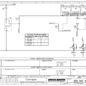 Puede incluir: Un diagrama esquem&aacute;tico el&eacute;ctrico detallado con texto en alem&aacute;n e ingl&eacute;s. El diagrama incluye varios s&iacute;mbolos, l&iacute;neas y etiquetas, incluyendo "emergency stop" y "bucket". El documento est&aacute; etiquetado como "Elektroplan" e incluye el logotipo de Demag Komatsu Hydraulikbagger.