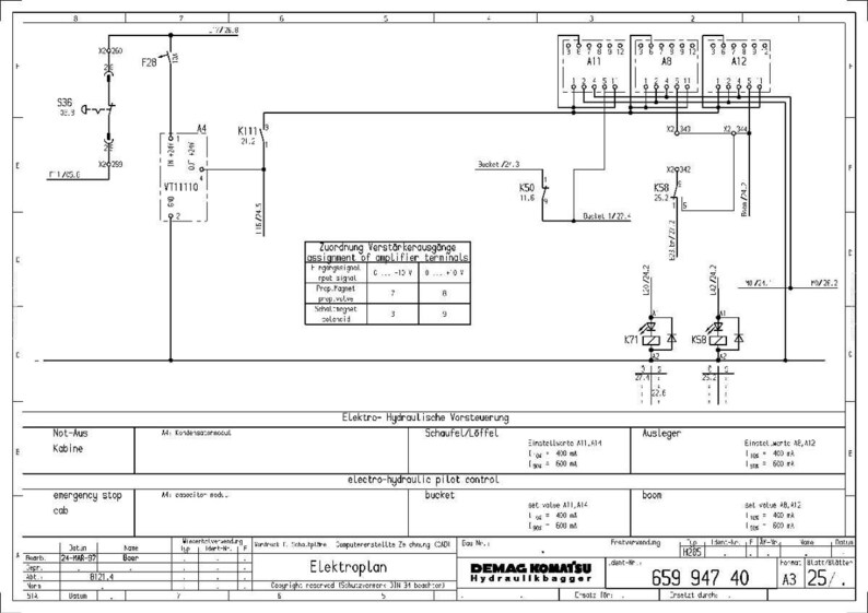 Puede incluir: Un diagrama esquem&aacute;tico el&eacute;ctrico detallado con texto en alem&aacute;n e ingl&eacute;s. El diagrama incluye varios s&iacute;mbolos, l&iacute;neas y etiquetas, incluyendo "emergency stop" y "bucket". El documento est&aacute; etiquetado como "Elektroplan" e incluye el logotipo de Demag Komatsu Hydraulikbagger.
