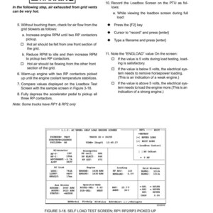 May include: A technical document page with instructions and a self-load test screen diagram. The page includes warnings, numbered steps, and a screen capture with data fields like "Alternator," "Engine," and "Loading." The document is for AC Drive System Electrical Checkout.