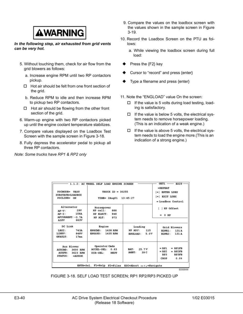 May include: A technical document page with instructions and a self-load test screen diagram. The page includes warnings, numbered steps, and a screen capture with data fields like "Alternator," "Engine," and "Loading." The document is for AC Drive System Electrical Checkout.