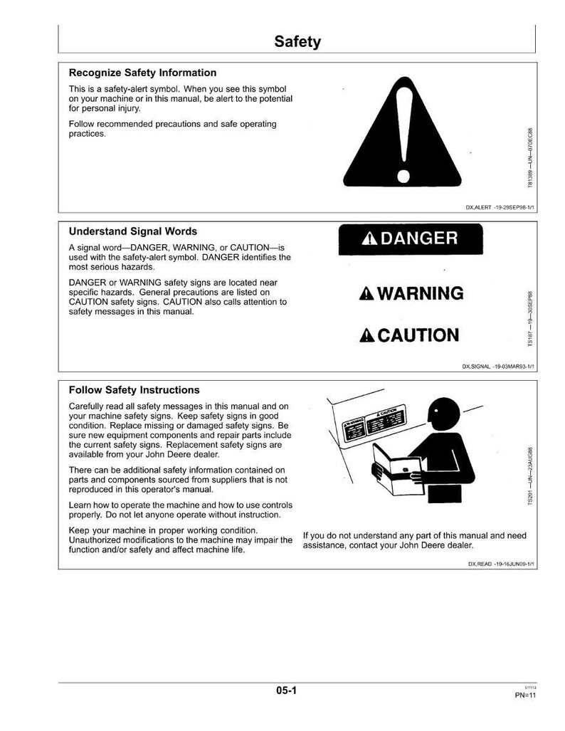 Puede incluir: Una p&aacute;gina de un manual con informaci&oacute;n de seguridad. Incluye un s&iacute;mbolo de alerta de seguridad, las palabras "Peligro", "Advertencia" y "Precauci&oacute;n", e instrucciones. El manual tambi&eacute;n presenta un diagrama de una persona leyendo un manual.