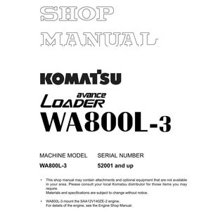 Może przedstawiać: Biała instrukcja warsztatowa z napisem "SHOP MANUAL" na g&oacute;rze. Logo Komatsu i "WA800L-3" są wyraźnie widoczne. Instrukcja zawiera informacje o modelu maszyny i numerze seryjnym.