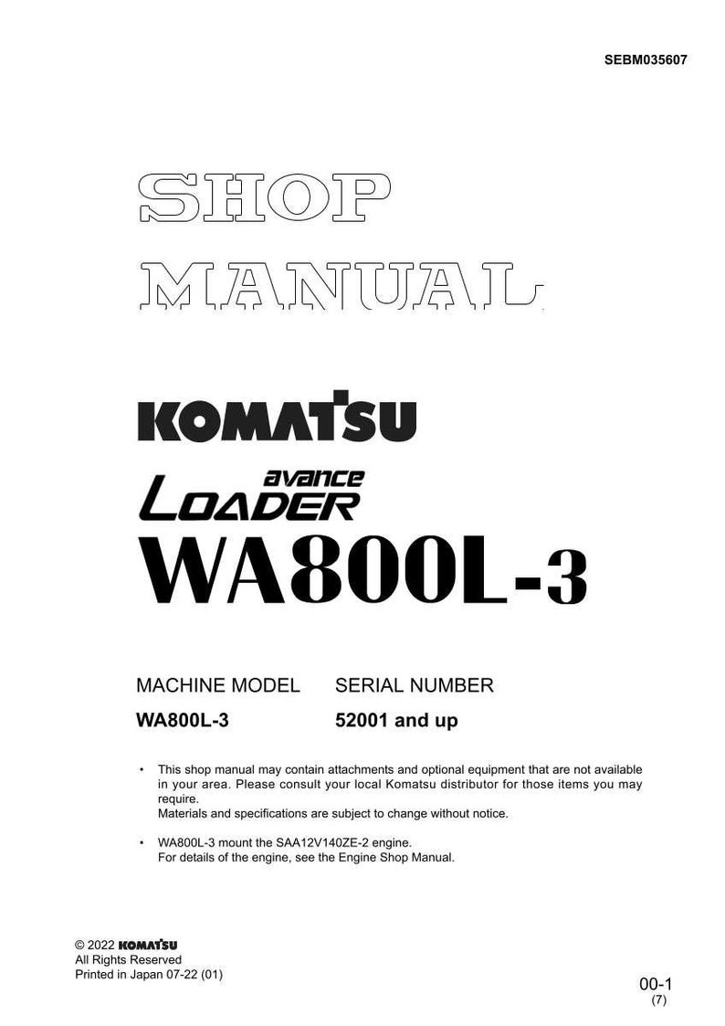 Może przedstawiać: Biała instrukcja warsztatowa z napisem "SHOP MANUAL" na g&oacute;rze. Logo Komatsu i "WA800L-3" są wyraźnie widoczne. Instrukcja zawiera informacje o modelu maszyny i numerze seryjnym.