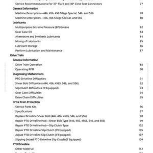 May include: A page from a manual with a table of contents. The text includes topics like torque charts, lubricants, drive train, and PTO driveline difficulties. The page number is 3.