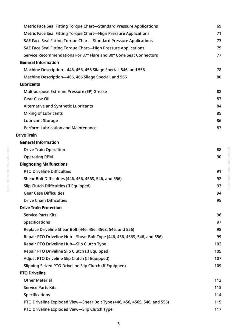 May include: A page from a manual with a table of contents. The text includes topics like torque charts, lubricants, drive train, and PTO driveline difficulties. The page number is 3.