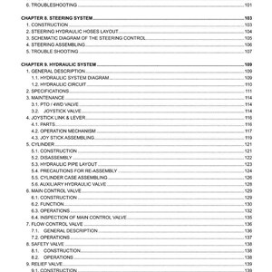 May include: A detailed table of contents from a manual for MF Tractors. The document includes sections on disassembly, inspection, steering, hydraulic systems, and safety valves. The text is black on a white background.