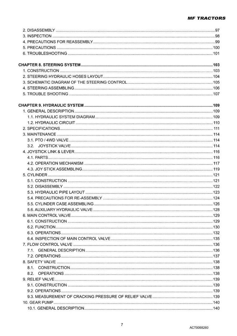 May include: A detailed table of contents from a manual for MF Tractors. The document includes sections on disassembly, inspection, steering, hydraulic systems, and safety valves. The text is black on a white background.