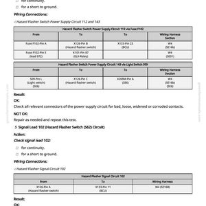 May include: A detailed diagram from greenfarmmanuals.com, detailing wiring connections for a hazard flasher switch. Includes tables with "From", "To", and "Wiring Harness Section" information, along with circuit checks and results.