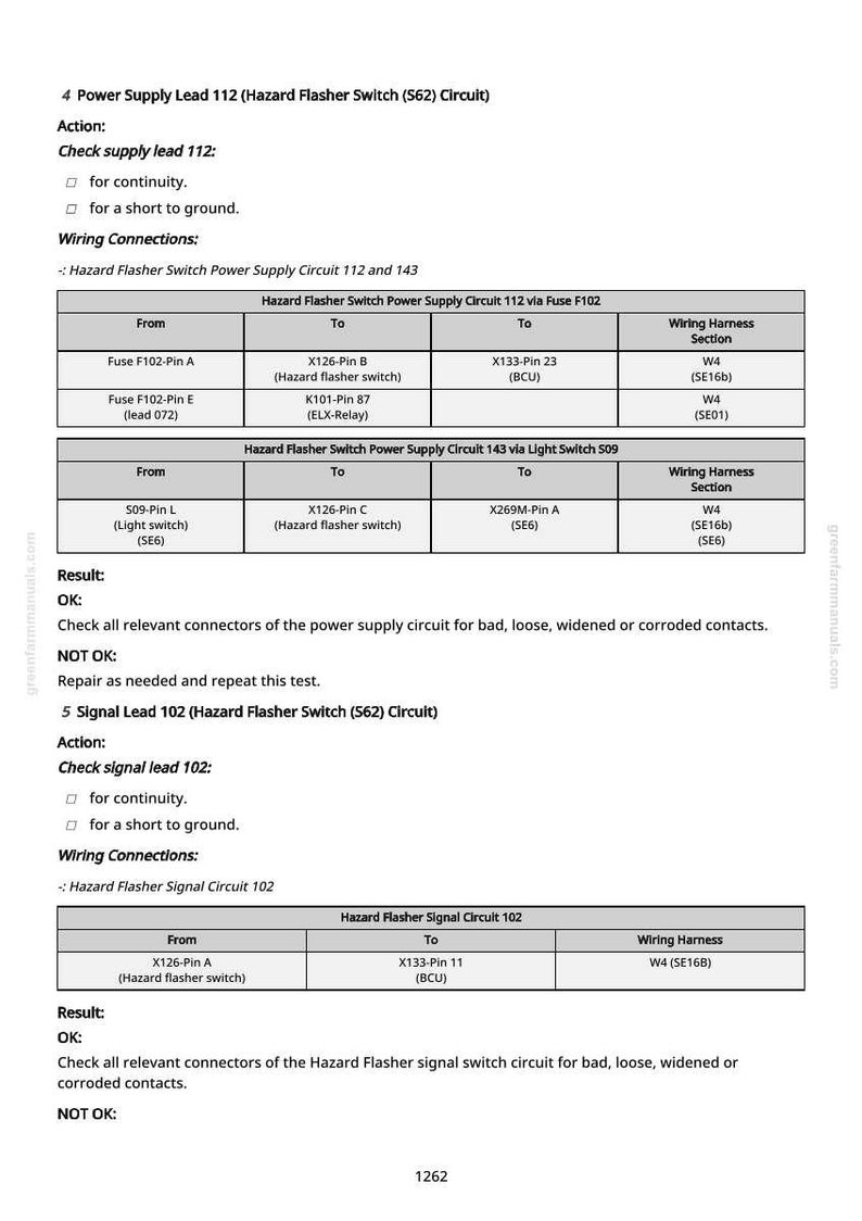 May include: A detailed diagram from greenfarmmanuals.com, detailing wiring connections for a hazard flasher switch. Includes tables with "From", "To", and "Wiring Harness Section" information, along with circuit checks and results.