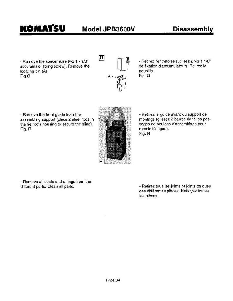 K&ouml;nnte beinhalten: Eine Komatsu Modell JPB3600V Demontagezeichnung. Die Seite enth&auml;lt Textanweisungen und Diagramme zum Entfernen von Teilen, einschlie&szlig;lich Abstandhalter, vorderer F&uuml;hrung, Dichtungen und O-Ringen. Die Seitenzahl ist S4.