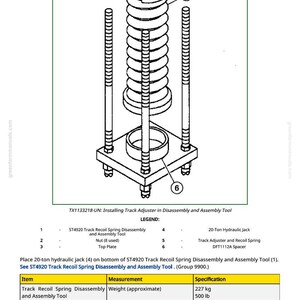 May include: Diagram of a track adjuster and recoil spring assembly tool. The image shows a 20-ton hydraulic jack, a track adjuster, and a recoil spring. The text includes instructions for disassembly and assembly.