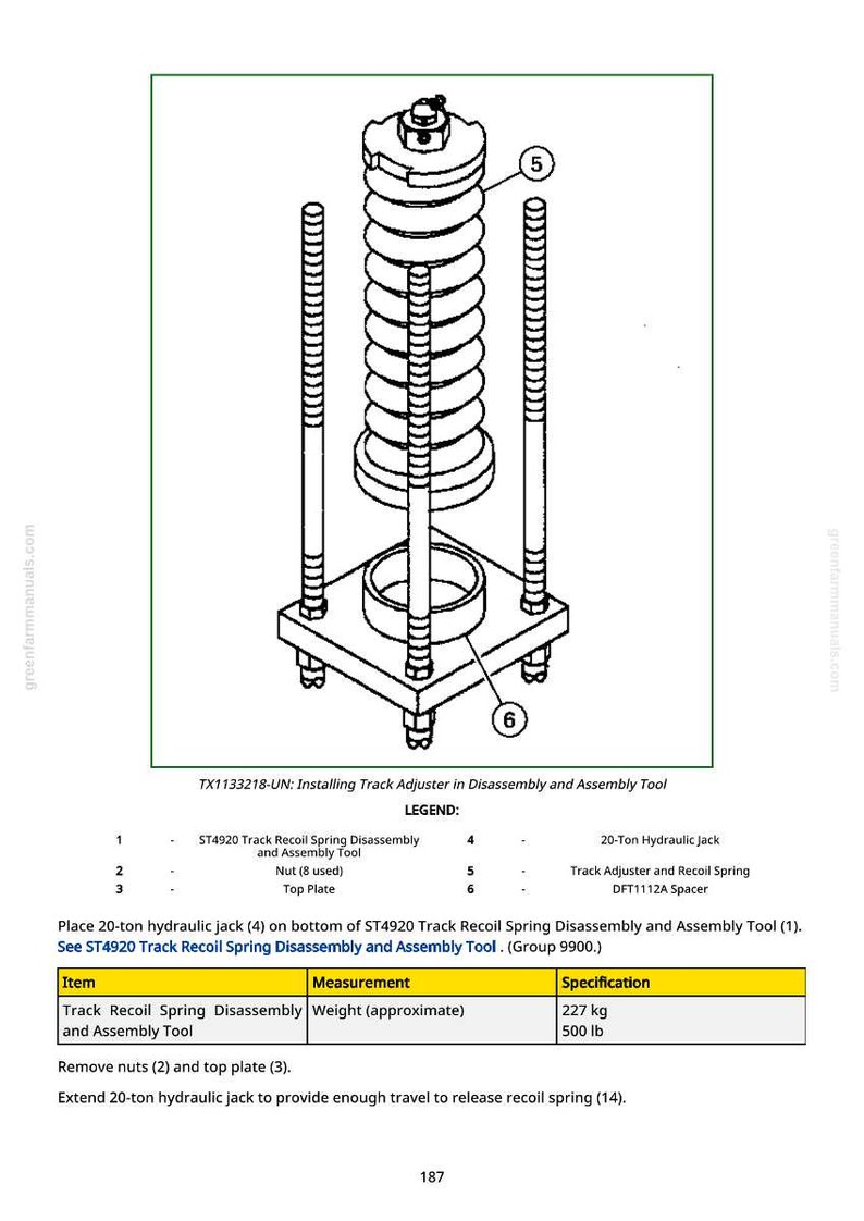 May include: Diagram of a track adjuster and recoil spring assembly tool. The image shows a 20-ton hydraulic jack, a track adjuster, and a recoil spring. The text includes instructions for disassembly and assembly.
