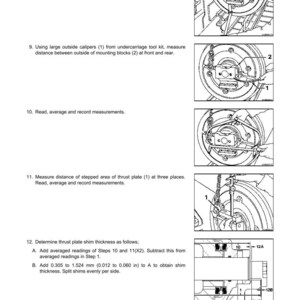 May include: Technical diagram detailing front idler assembly maintenance. Instructions include torque settings, measurement procedures, and shim thickness calculations. The image is a black and white technical illustration.
