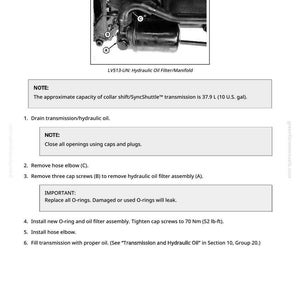 May include: Diagram and instructions for removing and installing a hydraulic oil filter/manifold. Includes a labeled diagram of the filter assembly and steps for draining oil, removing parts, and installing new components. Text includes torque specifications.