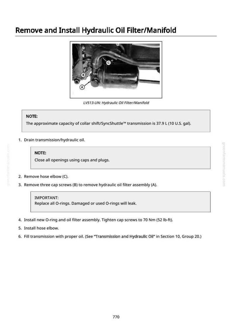May include: Diagram and instructions for removing and installing a hydraulic oil filter/manifold. Includes a labeled diagram of the filter assembly and steps for draining oil, removing parts, and installing new components. Text includes torque specifications.