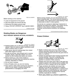 Pode incluir: Instru&ccedil;&otilde;es de seguran&ccedil;a para a opera&ccedil;&atilde;o de cortadores de grama, incluindo diagramas e avisos sobre acidentes de marcha-atr&aacute;s, l&acirc;minas rotativas e prote&ccedil;&atilde;o de crian&ccedil;as. A imagem fornece orienta&ccedil;&atilde;o sobre pr&aacute;ticas seguras.