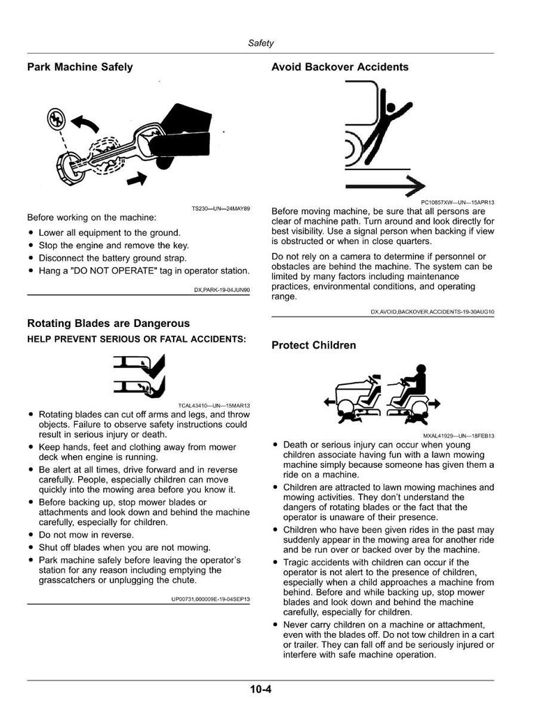 Pode incluir: Instru&ccedil;&otilde;es de seguran&ccedil;a para a opera&ccedil;&atilde;o de cortadores de grama, incluindo diagramas e avisos sobre acidentes de marcha-atr&aacute;s, l&acirc;minas rotativas e prote&ccedil;&atilde;o de crian&ccedil;as. A imagem fornece orienta&ccedil;&atilde;o sobre pr&aacute;ticas seguras.