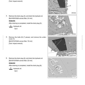 May include: Diagram from a manual detailing the removal and installation of a hydraulic oil cooler assembly. Includes step-by-step instructions with illustrations, bolt sizes in millimeters, and hydraulic oil capacity.