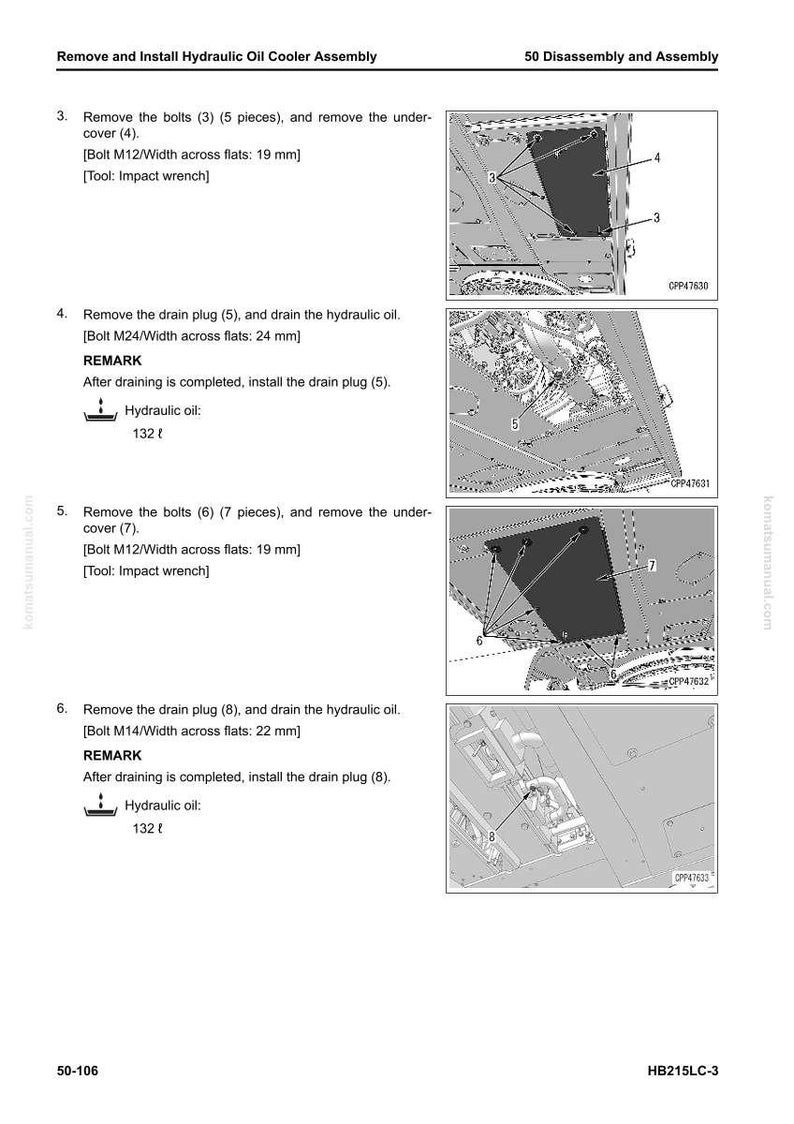 May include: Diagram from a manual detailing the removal and installation of a hydraulic oil cooler assembly. Includes step-by-step instructions with illustrations, bolt sizes in millimeters, and hydraulic oil capacity.