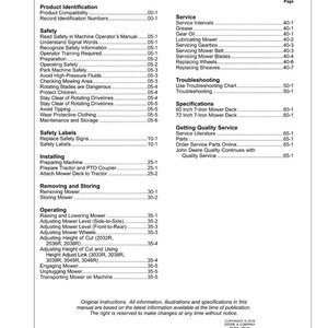 May include: A white and black printed manual page titled "Contents" with a list of topics including "Safety", "Service", and "Troubleshooting". The manual is for a John Deere product.