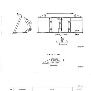 May include: Technical drawing of a bucket, with side and top views, and detailed sections labeled A-A. Includes measurements and specifications for wear of bucket tooth, with a standard size of 17.0 mm and a repair limit of 12.0 mm.