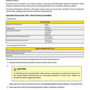 Puede incluir: Documento t&eacute;cnico sobre la prueba de flujo de la bomba hidr&aacute;ulica, con especificaciones de temperatura del aceite, velocidad del motor y caudal. Incluye una advertencia sobre la presi&oacute;n y una lista de equipos de servicio.