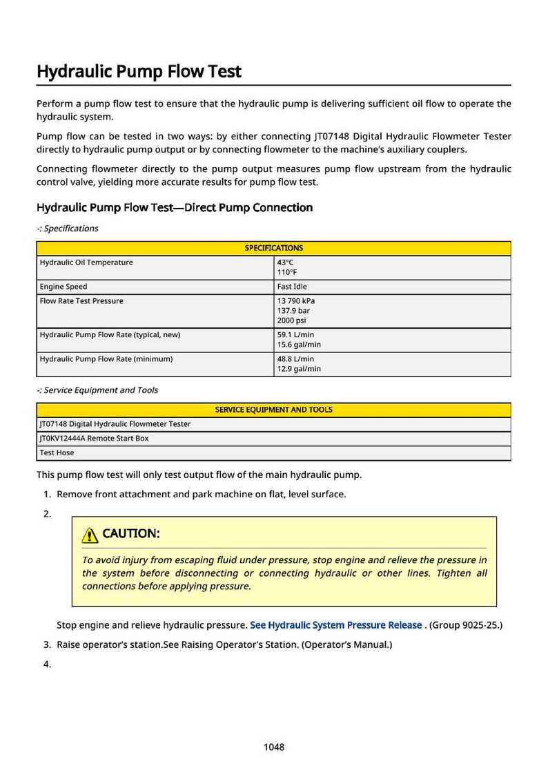 Puede incluir: Documento t&eacute;cnico sobre la prueba de flujo de la bomba hidr&aacute;ulica, con especificaciones de temperatura del aceite, velocidad del motor y caudal. Incluye una advertencia sobre la presi&oacute;n y una lista de equipos de servicio.
