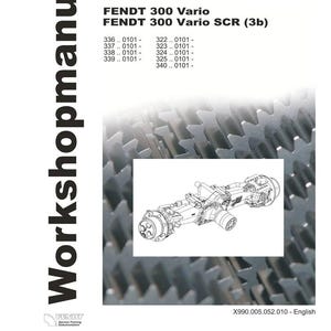 K&ouml;nnte beinhalten: Ein Werkstatthandbuch-Cover mit dem Text "Workshopmanual" und "Traktorlenkachse". Das Bild zeigt eine detaillierte Zeichnung einer Traktorlenkachse, mit dem Fendt-Logo unten.