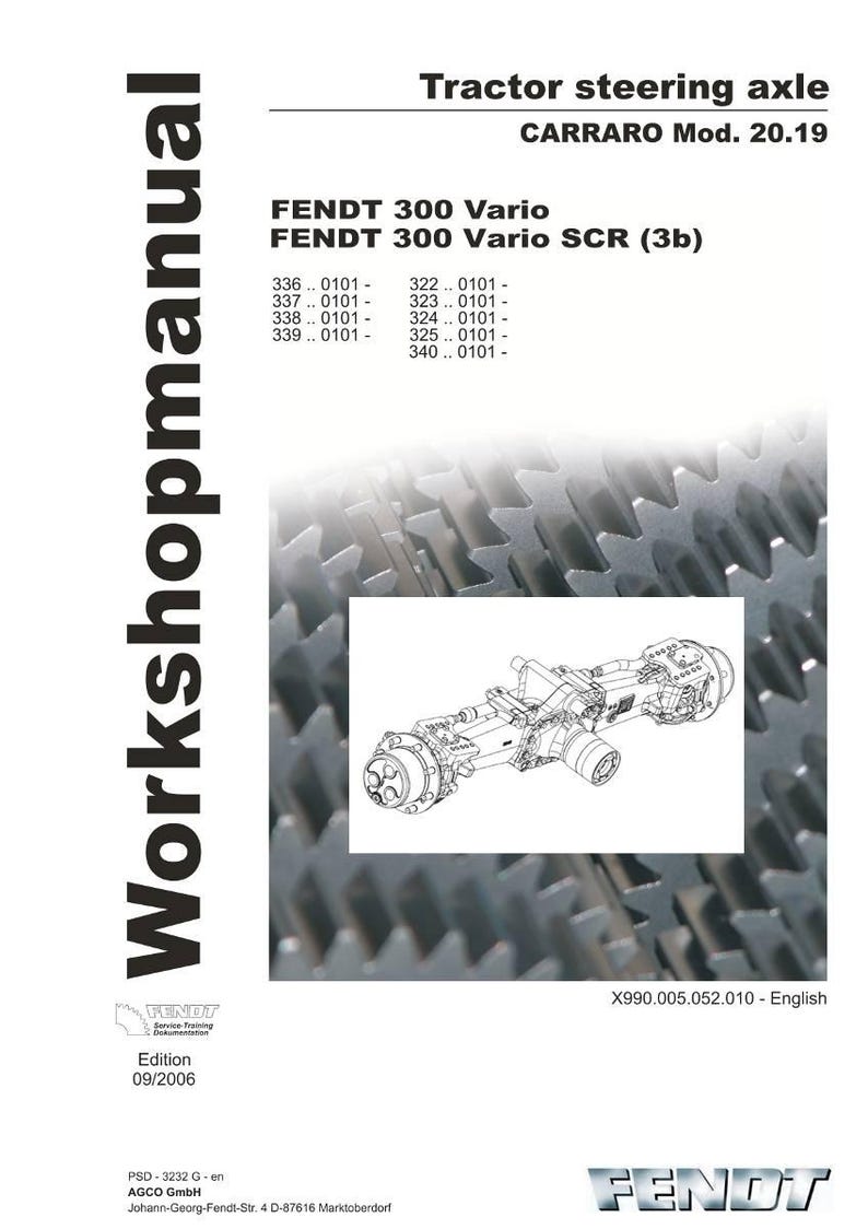 K&ouml;nnte beinhalten: Ein Werkstatthandbuch-Cover mit dem Text "Workshopmanual" und "Traktorlenkachse". Das Bild zeigt eine detaillierte Zeichnung einer Traktorlenkachse, mit dem Fendt-Logo unten.