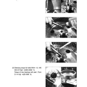 Puede incluir: Imagen en blanco y negro de un manual que muestra el desmontaje de una versi&oacute;n de centro de rueda con 10 pernos piloto. El texto describe el par de apriete de los pernos y el par de los rodamientos nuevos.