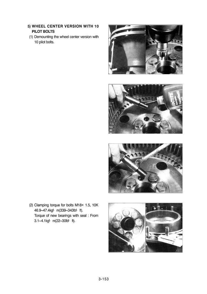 Puede incluir: Imagen en blanco y negro de un manual que muestra el desmontaje de una versi&oacute;n de centro de rueda con 10 pernos piloto. El texto describe el par de apriete de los pernos y el par de los rodamientos nuevos.